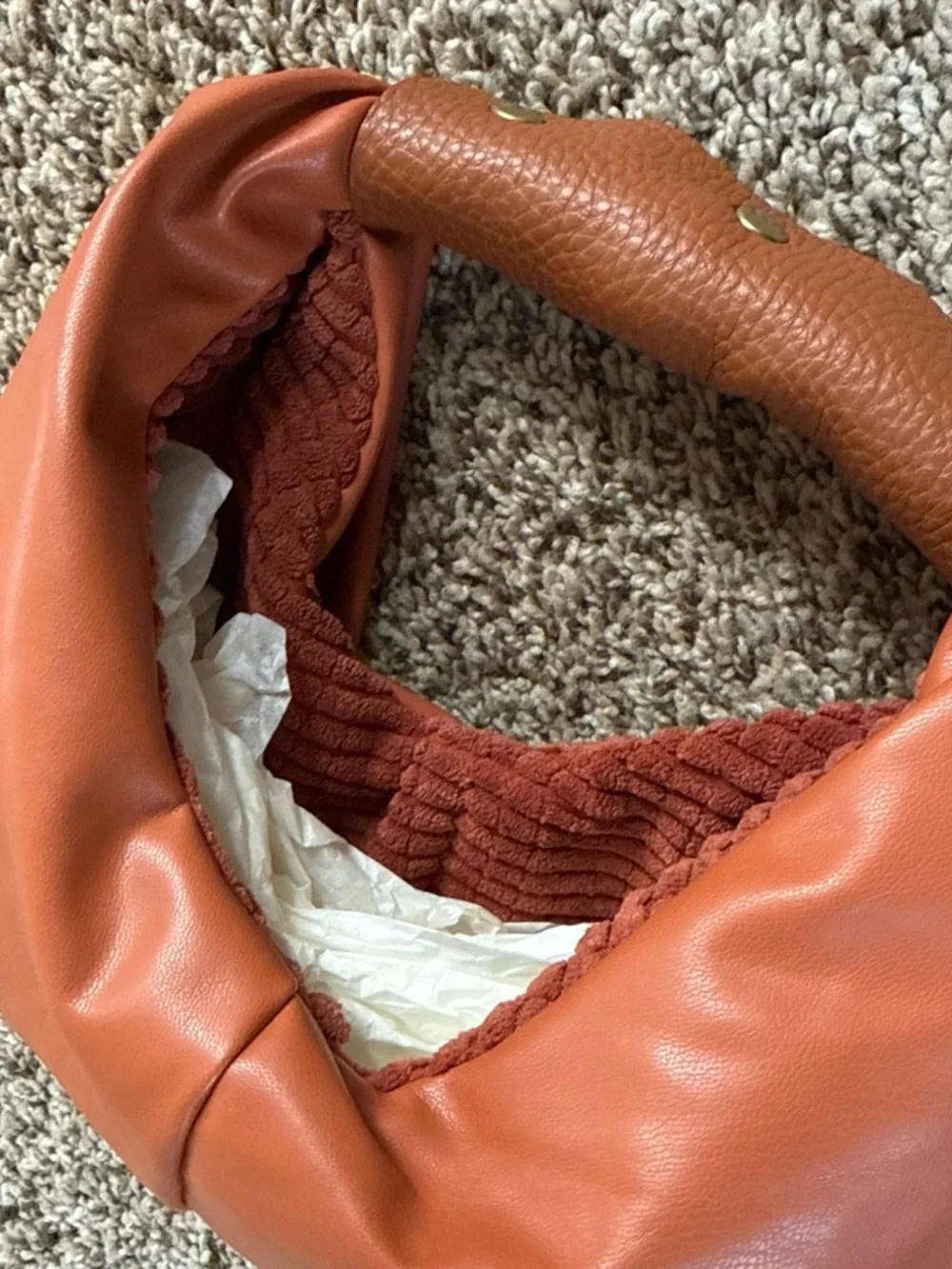 Rust Orange Soft Leather Hobo Bag with Braided Lining Detail